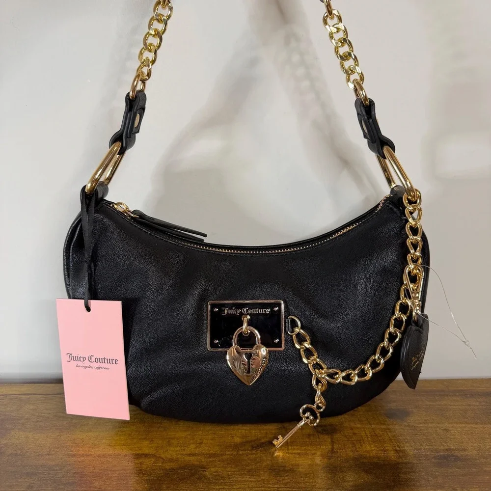 New Juicy Couture Rolling On Hobo Shoulder Handbag Black Gold Charms Cute